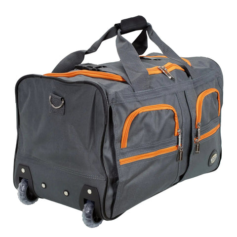 22 Inch Polyester Rolling Duffel Bag With Expandable Design, Full Lining And Internal Handle, Charcoal Color, Two Large Front Pockets, Clear Skate Wheels