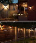 Outdoor Solar Wall Lights 2 Pack, Waterproof Brighter Porch Square Lights with Motion Sensor, 3 Modes, 120 Degree Detection installed on walls and fences.