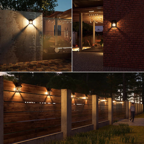 Outdoor Solar Wall Lights 2 Pack, Waterproof Brighter Porch Square Lights with Motion Sensor, 3 Modes, 120 Degree Detection installed on walls and fences.