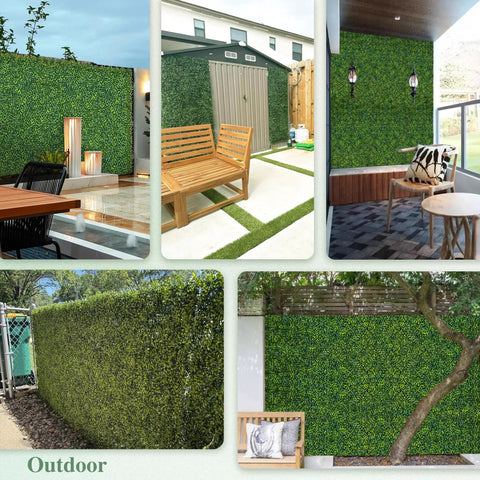Easy Install Faux Ivy Privacy Screen Made From Artificial Boxwood Roll Panels 48 X 120 Inches Coverage About 40 Sq Ft UV Resistant Durable Green Wall Decor shown in outdoor and indoor settings