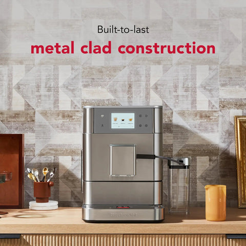 Heavy Duty Stainless Steel Espresso Machine With Removable Bean Hopper And Auto Milk Frother Built To Last And Brews Like Butter For Any Home Barista Game Changer Setup on wooden countertop.
