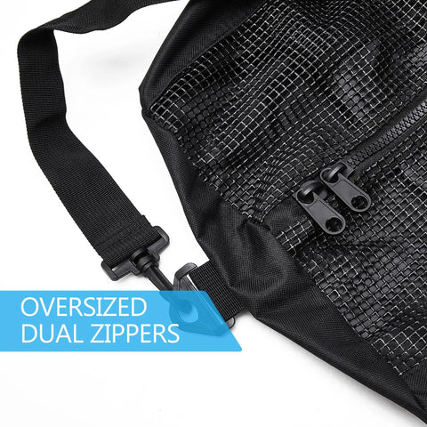 Close-up of oversized dual zippers on the 37 Inch Mesh Dive Bag for scuba gear and sports equipment with breathable open air design.
