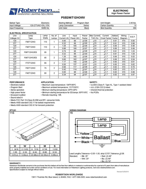 Technical sheet for 1 Or 2 Lamp Fluorescent Electronic Ballast For T12 HO Lamps 60W-110W, Programmed Start, 120-277V.