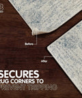 Before and after using Non Slip Rug Pad Grippers Corner 4 Pack, Double Sided Self Adhesive, Washable and Reusable on rug corners.