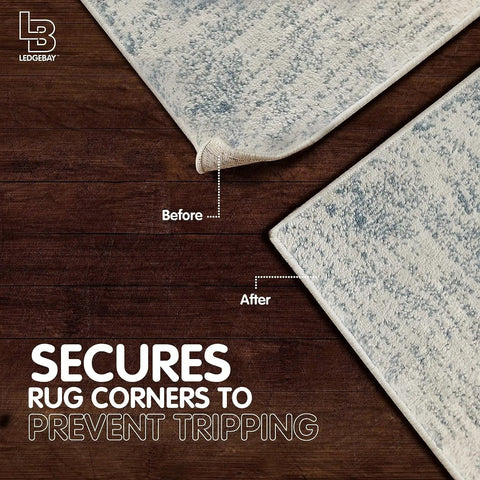 Before and after using Non Slip Rug Pad Grippers Corner 4 Pack, Double Sided Self Adhesive, Washable and Reusable on rug corners.