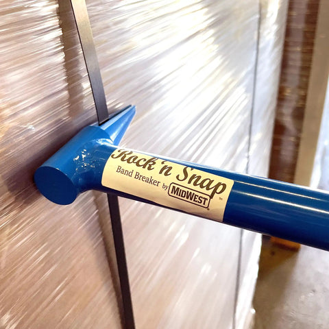 Rock N Snap Band Breaker 19 Inch Steel Strapping Tool For Heavy Duty Breaks in use against pallet strapping