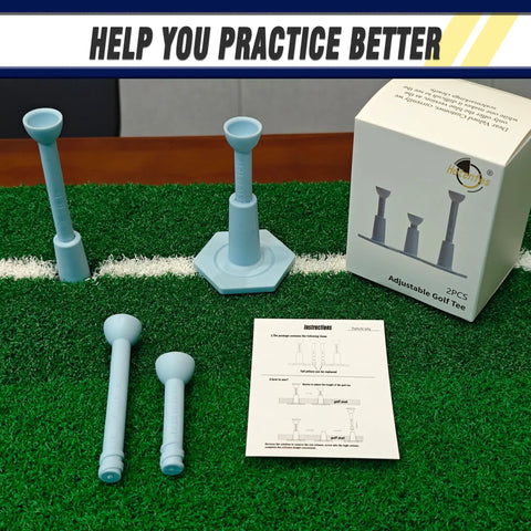 Adjustable Unbreakable Rubber Golf Tees For Mats And Practice, 4-pack with blue tees and instruction on artificial turf.