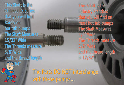 Comparison of two hot tub pump shafts with measurements and text highlighting non-compatibility, focus on thread differences.