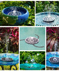 3.7W Solar Bird Bath Fountain Pump with 7.1 inch spray height in various garden settings, solar powered water fountain use