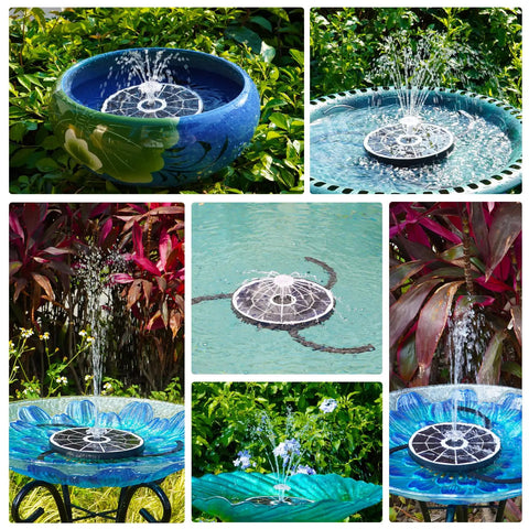 3.7W Solar Bird Bath Fountain Pump with 7.1 inch spray height in various garden settings, solar powered water fountain use