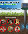 Image of Solar Powered Ultrasonic Mole And Pest Deterrent for Outdoor Gardens with diagram showing its placement and pests it repels.