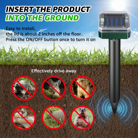 Image of Solar Powered Ultrasonic Mole And Pest Deterrent for Outdoor Gardens with diagram showing its placement and pests it repels.