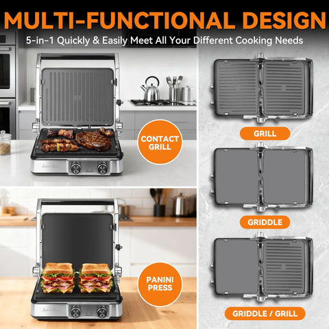 Bakers Friend 4 Slice Panini Press Grill Cheese Sandwich Maker Electric Indoor with Temp Control Opens 180 Degrees showing multi-functional design with grilling options.