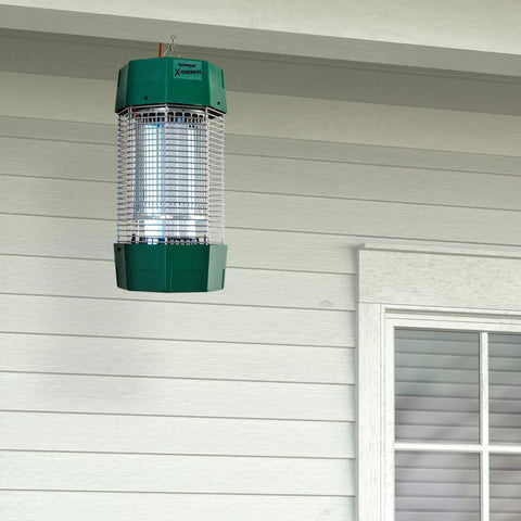 Beefy Two Acre Outdoor Bug Zapper With Dual Lure, 120W UV Light And Octenol Attractant, 5600V Kill Grid, hanging on a wall