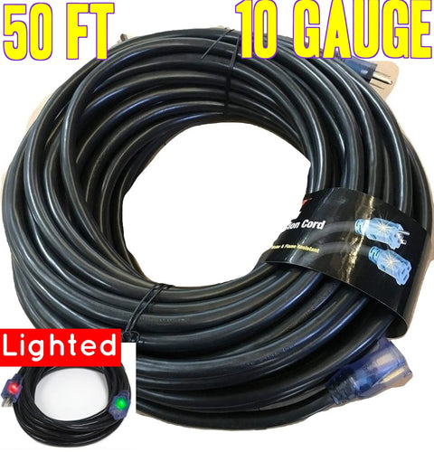 50 Foot 10 Gauge Power Extension Cord With Lighted Ends, 10 3 Contractor Grade Heavy Duty Tough As Nails Indoor Outdoor SJTW, 1875 Watt, 3 Prong, Flexible Copper Black
