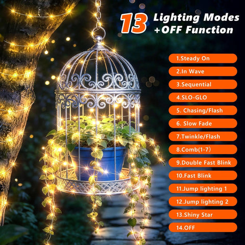 Camping String Lights 33Ft Long With 100 LEDs Rechargeable Outdoor Lights illuminating a birdcage with 13 lighting modes on display