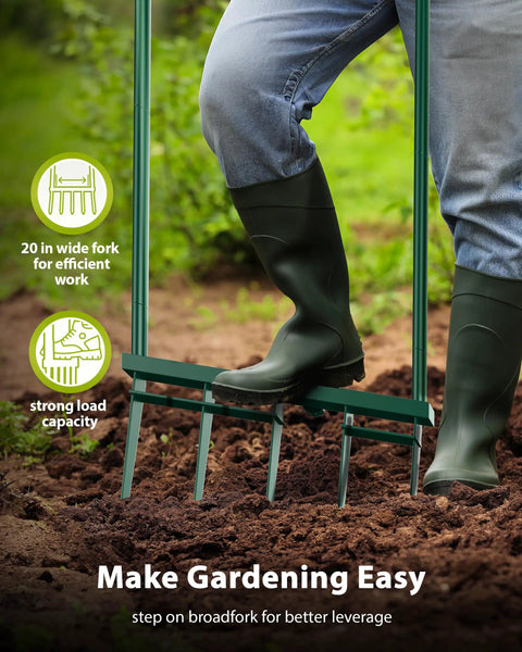 Person using Beast Mode 5 Tine Broad Fork Garden Tool With A 58 Inch Ergonomic Handle for spading soil in garden.
