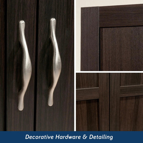 Close-up of Tall Cinnamon Cherry Pantry Cabinet with Adjustable Shelves handles and wood detailing, space-saving organizer