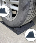 Self Adhesive Anti Skid Rubber Car Parking Guide Mat 2 Pack With Reflective Strips For Cars And Trucks Durable Garage Wheel Stopper 23.6 X 15.7 X 2.8 Inches Easy Install Reusable shown under vehicle tire