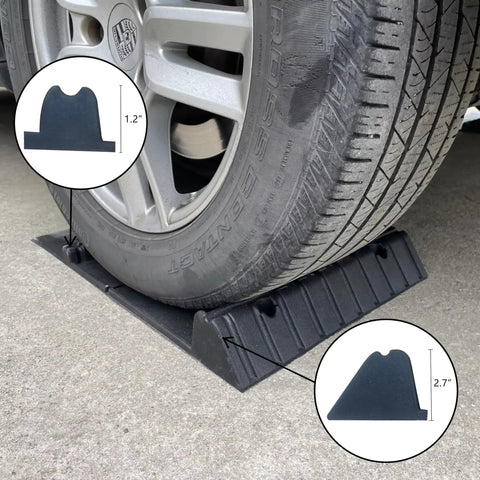 Self Adhesive Anti Skid Rubber Car Parking Guide Mat 2 Pack With Reflective Strips For Cars And Trucks Durable Garage Wheel Stopper 23.6 X 15.7 X 2.8 Inches Easy Install Reusable shown under vehicle tire