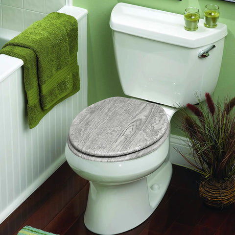 Distressed Grey Wood Round Toilet Seat With Chrome Hinges Durable Wood Veneer Construction Easy Install Securely Attaches To Most Toilets