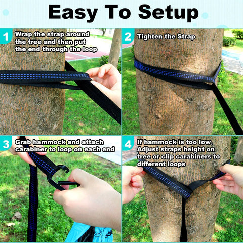 Versatile Camping Hammock For One Or Two Portable And Lightweight Includes Two Tree Straps And Built In Carry Bag Totally Great For Outdoor Indoor Beach And Camping Supports Up To 400 Lbs Easy Setup And Tree Friendly Straps being set up with tree straps