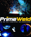 Welder with MIG Welder 180 Amp Wire Feed with Dual Voltage 220V And 110V machine in action, sparks flying, PrimeWeld logo.
