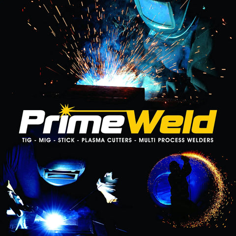 Welder with MIG Welder 180 Amp Wire Feed with Dual Voltage 220V And 110V machine in action, sparks flying, PrimeWeld logo.