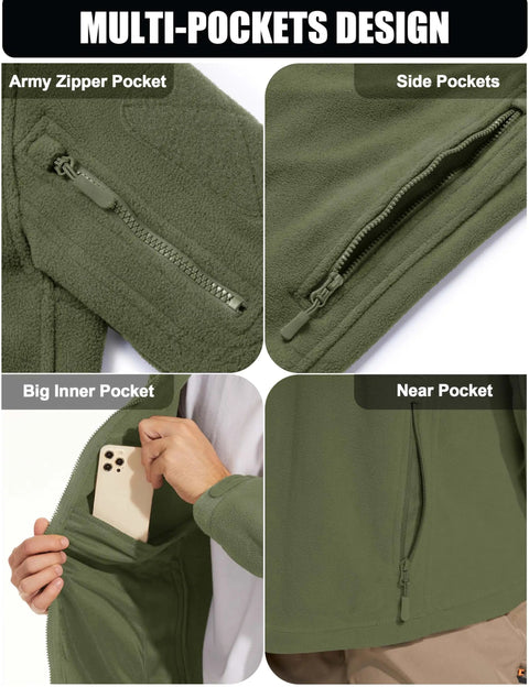 Men's Tactical Fleece Lining Jacket with multiple pockets design, including army zipper pocket, side pockets, big inner pocket, and near pocket.