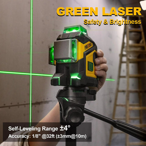 Pro Grade Three Plane Laser Level With 3 X 360 Degree Beams Self Leveling 100 Ft Green Laser on 47 In Tripod in use