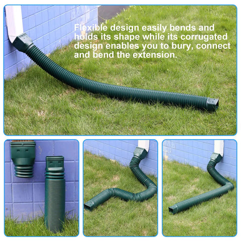 Green Two Pack Flexible Rain Gutter Downspout Extensions No Brainer Easy Install Drain Extenders in use on grass lawn
