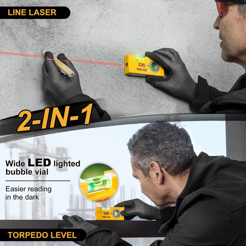 Man using 2-In-1 Line Laser Level With Light And Rotatable Magnetic Pocket Level Handy Mini Torpedo For 30-Foot Laser Lines