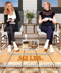 Two Person Outdoor Glider Bench With Built In Table For Patio Hangout Or Porch Gray Swing Loveseat with women seated