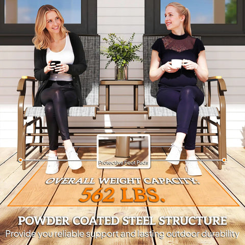 Two Person Outdoor Glider Bench With Built In Table For Patio Hangout Or Porch Gray Swing Loveseat with women seated