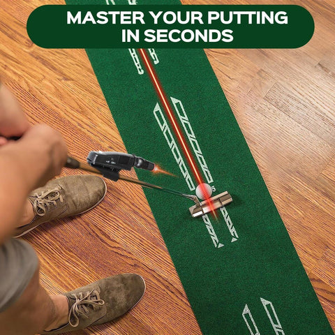 Person using Indoor Golf Laser Putting Training Aid With Dual Modes For Alignment And Stroke Feedback on a green putting mat.
