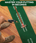 Dual Mode Indoor Golf Putting Trainer With Alignment Line For Precision Putting in use on green mat, wood floor background