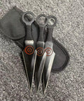 Dope Ninja Kunai Throwing Knife Set Three Piece Stainless Steel Blades With Nylon Sheath; black red finish on grey background