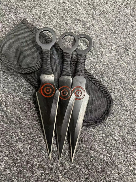 Dope Ninja Kunai Throwing Knife Set Three Piece Stainless Steel Blades With Nylon Sheath; black red finish on grey background