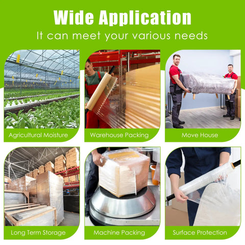 Collage showing Industrial Strength Plastic Wrap Roll 1000 Ft 60 Gauge 15 Inch Wide Clear Stretch Film With Handles for multiple uses
