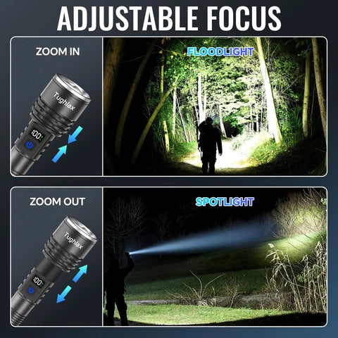 High Lumens Rechargeable LED Flashlights 2 Pack With Zoomable Beam And LCD Display 5 Modes Long Range Tactical Lights showing floodlight and spotlight modes at night
