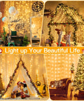 Christmas Curtain Lights 300 LED 9.8 By 9.8 Feet illuminating various room setups with festive decorations and cozy atmosphere.