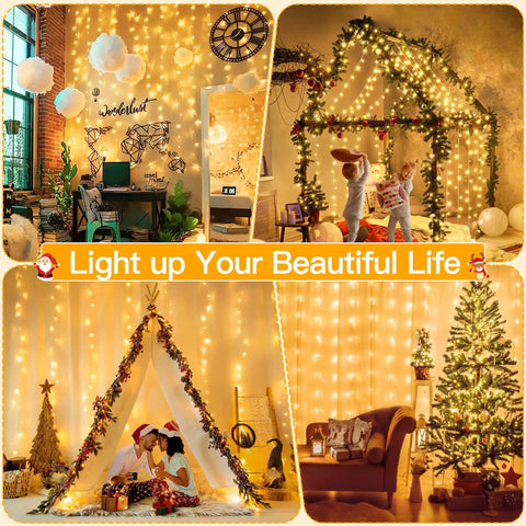 Christmas Curtain Lights 300 LED 9.8 By 9.8 Feet illuminating various room setups with festive decorations and cozy atmosphere.