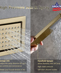 Kick Back and Unwind with This 31 Inch Rainfall Shower System Featuring Waterfall Mist Curtain Bluetooth Music Sync LED Lights Thermostatic Faucet Set Brushed Gold Finish Touch Control Panel Handheld Sprayer with high pressure jets and handheld sprayer.
