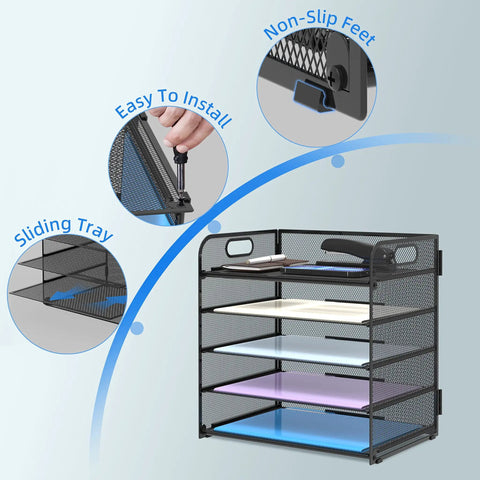 5 Tray Letter Paper Organizer With Handle Mesh Desk File Sorter showing easy installation and non-slip feet