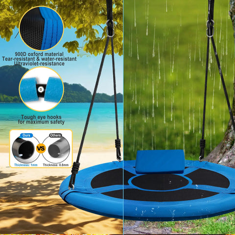 40 Inch Saucer Tree Swing With 600 Pound Capacity Includes 2 Straps And Carabiners Pillow Waterproof 900D Oxford Seat Steel Frame For Kids And Adults Backyard Blue under a tree in the rain.