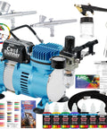 Cool Runner II Pro Grade Airbrush Kit With Dual Fan Compressor, Three Airbrushes, Six Color Acrylic Paint Set, Accessories