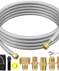 12 Ft High Pressure Braided Propane Hose Extension With Conversion Couplings for BBQ Grill, Fire Pit, and Heater, shown coiled with adapters.