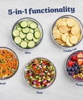 5 In 1 Kitchen Prep And Storage Bowl System Featuring Crinkle Slice And Shred Blades for various vegetable prep in glass bowls.