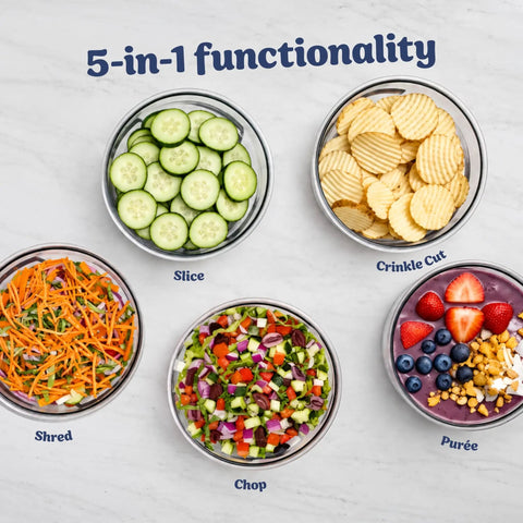 Five In One Food Prep And Storage Bowl System With Crinkle Slicing Shredding Functions showing sliced cucumbers, crinkle-cut chips, and salads.
