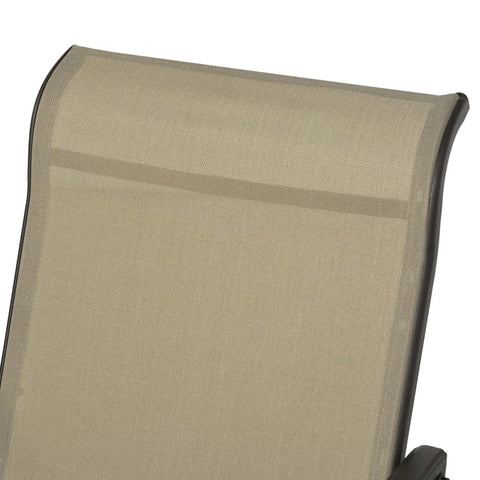 Close-up of beige fabric backrest on Two Outdoor Gliders And Glass Top Bistro Table Set With Steel Frame For Patio Garden Backyard And Lawn Gray